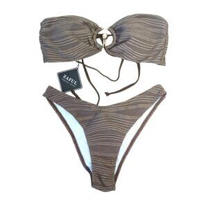 ZAFUL Women's Bandeau Bikini Set O Ring Textured Strapless Cheeky Bathing Suit S